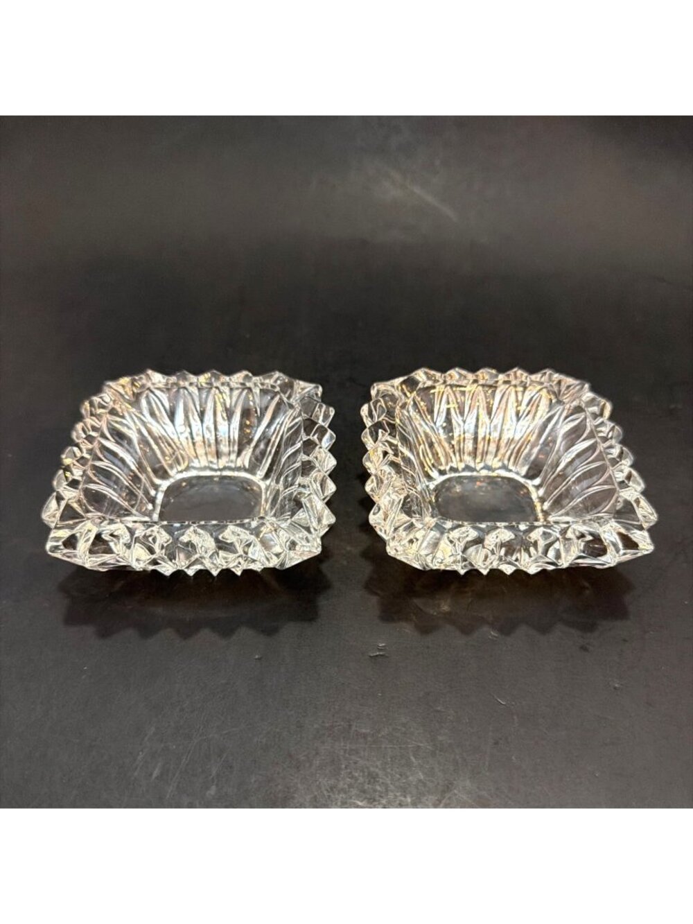 Crystal Glass Cut Square Ashtray Pair Set Trinket Dish MCM Europe W Germany VTG